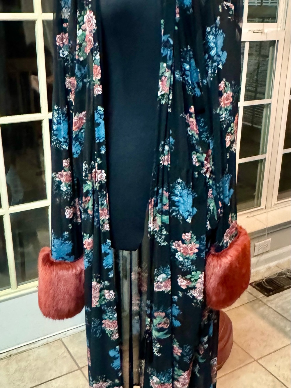 Black Floral Long Coatigan with Rust Faux-Fur Cuffs
